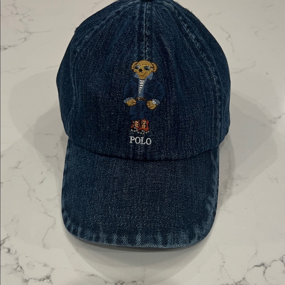 Adorable Blue denim polo bear cap with adjustable leather strap OS NWT